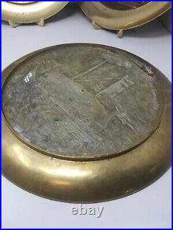 LOT OF 5 Vintage Brass Charger Wall Hanger Plates 13 VERY HEAVY RARE FIND! (DE)
