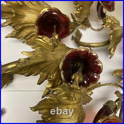 Lot Of 6 Antique Very Rare Gilt Brass & Cranberry Glass Floral Curtain Tie Backs