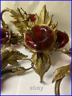 Lot Of 6 Antique Very Rare Gilt Brass & Cranberry Glass Floral Curtain Tie Backs