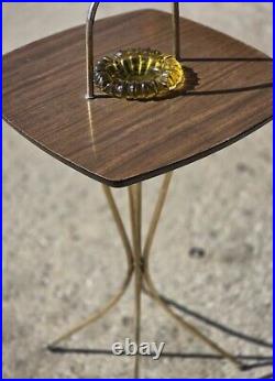 Mid-century Ashtray Tripod Side Table Brass And Oak Lamenant Very Rare Find