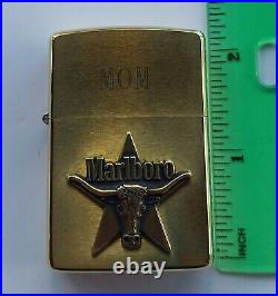 NIB Very Rare Vtg Zippo 1990s MARLBORO Longhorn Star BRASS LIGHTER Engraved MOM