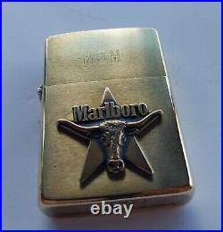 NIB Very Rare Vtg Zippo 1990s MARLBORO Longhorn Star BRASS LIGHTER Engraved MOM