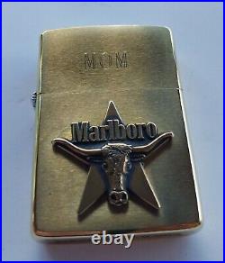 NIB Very Rare Vtg Zippo 1990s MARLBORO Longhorn Star BRASS LIGHTER Engraved MOM