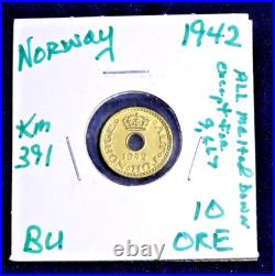 Norway 1942 (10 Ore) Gov't Exile Ww 11-nickel/brass-bu Uncirculated Very Rare