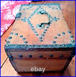 RARE Antique 1795-1828 Brass Nail Head Wood Document Box Iron Lock & Key