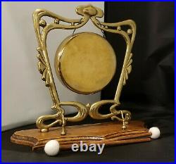 RARE Art Nouveau Tabletop Dinner Gong Brass withOak Base 1880-1920 UK EXC Cond