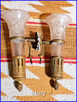 RARE Victorian MATCHED PR WALL VASE CUTGLASS SCONCE very old ANTIQUE BRASS 7.5H