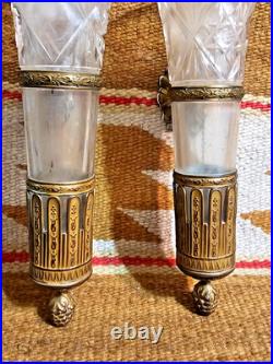 RARE Victorian MATCHED PR WALL VASE CUTGLASS SCONCE very old ANTIQUE BRASS 7.5H