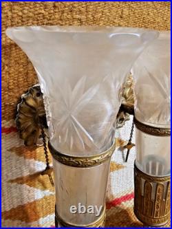 RARE Victorian MATCHED PR WALL VASE CUTGLASS SCONCE very old ANTIQUE BRASS 7.5H