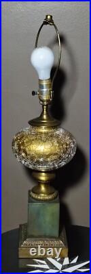 Rare 50s French Hollywood Regency Eglomise Gold Crackle Glass Brass Pillar Lamp
