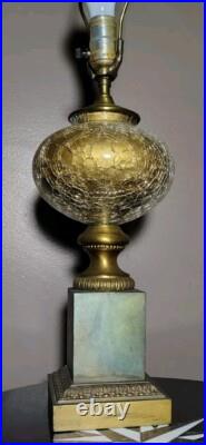 Rare 50s French Hollywood Regency Eglomise Gold Crackle Glass Brass Pillar Lamp