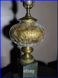 Rare 50s French Hollywood Regency Eglomise Gold Crackle Glass Brass Pillar Lamp