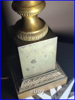 Rare 50s French Hollywood Regency Eglomise Gold Crackle Glass Brass Pillar Lamp