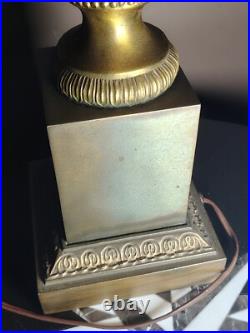 Rare 50s French Hollywood Regency Eglomise Gold Crackle Glass Brass Pillar Lamp