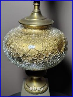 Rare 50s French Hollywood Regency Eglomise Gold Crackle Glass Brass Pillar Lamp