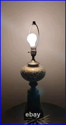 Rare 50s French Hollywood Regency Eglomise Gold Crackle Glass Brass Pillar Lamp