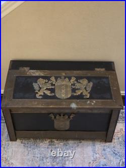 Rare Antique 19th C Continental Brass Bound Kindling Box W Armorial. Very Heavy