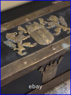 Rare Antique 19th C Continental Brass Bound Kindling Box W Armorial. Very Heavy