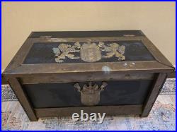 Rare Antique 19th C Continental Brass Bound Kindling Box W Armorial. Very Heavy