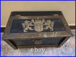 Rare Antique 19th C Continental Brass Bound Kindling Box W Armorial. Very Heavy