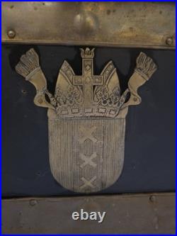 Rare Antique 19th C Continental Brass Bound Kindling Box W Armorial. Very Heavy