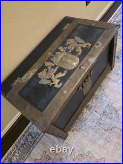 Rare Antique 19th C Continental Brass Bound Kindling Box W Armorial. Very Heavy