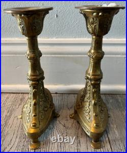Rare Antique 19th Century Ornate Brass Church Candlestick Set Made In Belgium