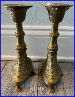 Rare Antique 19th Century Ornate Brass Church Candlestick Set Made In Belgium