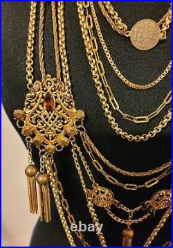 Rare Brevettato Italy Brass Statement Necklace Amber Rhinestones Beads Ooak