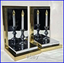 Rare Hollywood Regency Reflecting Candle Bookends Brass & Silver Very Heavy