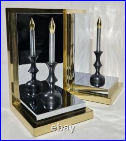 Rare Hollywood Regency Reflecting Candle Bookends Brass & Silver Very Heavy
