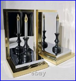 Rare Hollywood Regency Reflecting Candle Bookends Brass & Silver Very Heavy