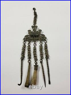 Rare Victorian Chatelaine With 5 Implementes & 7 Turquoise Stones Very Unique