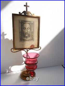 Reliquary antique relic Veil of Veronica or Holy Face in brass stand VERY RARE