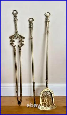 Set Of Antique Victorian Quality Ornate Brass Fire Irons 19th Century Very Rare