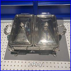 Silver Plated EP Brass Double Candle Warming Platter Serving Dishes Very Rare