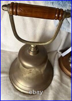 Solid Brass very Large Ships Bell with wooden ringer handle Rare 14 x 8