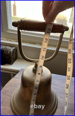 Solid Brass very Large Ships Bell with wooden ringer handle Rare 14 x 8