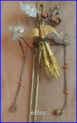 TWO (2) ANTIQUE JAPANESE KANZASHI Very rare beautiful set Silver Brass Coral