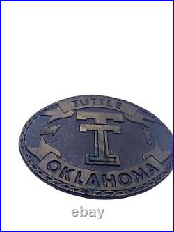 Tuttle Oklahoma OK Belt Buckle Magicast 1970s Brass VERY RARE Western Wear