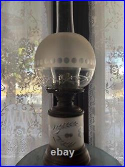 VERY RARE 1800's solid brass oil lamp with frosted and etched globe and base