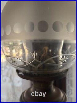 VERY RARE 1800's solid brass oil lamp with frosted and etched globe and base