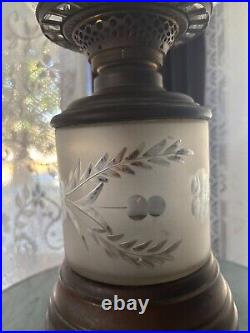 VERY RARE 1800's solid brass oil lamp with frosted and etched globe and base