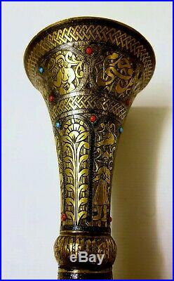 VERY RARE 19th C ISLAMIC DAMASCUS PERSIAN TURQUOISE + SILVER INLAID BRASS VASES