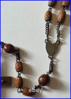VERY RARE ANTIQUE EARLY VINTAGE NUNS PERSONAL WOOD BEADED HABIT ROSARY With SKULL