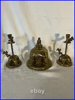 VERY RARE Antique Dwarf Motif Brass Inkwell and Candlesticks