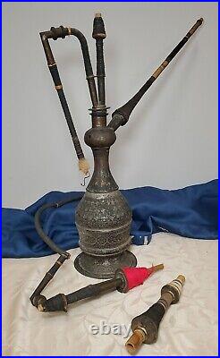 VERY RARE Antique Etched Brass Hookah Pipe 21 Tall with Attachments