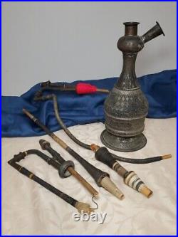 VERY RARE Antique Etched Brass Hookah Pipe 21 Tall with Attachments