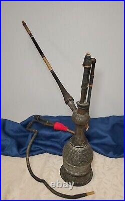 VERY RARE Antique Etched Brass Hookah Pipe 21 Tall with Attachments