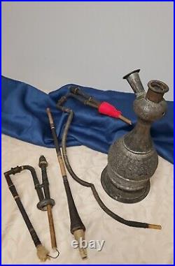 VERY RARE Antique Etched Brass Hookah Pipe 21 Tall with Attachments